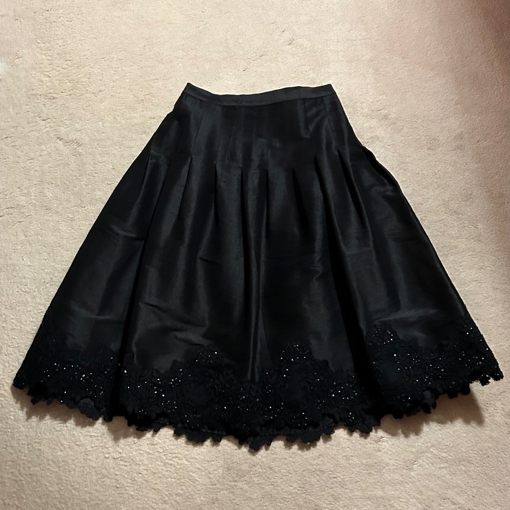 Cachet Black Pleated Knee Length Skirt  With Lace and Sequins at Hemline, Size 6